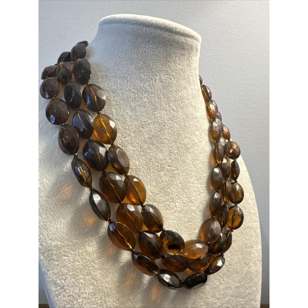 VTG Brown Acrylic Plastic Faceted Triple Beaded Necklace 17" Adjustable 60s